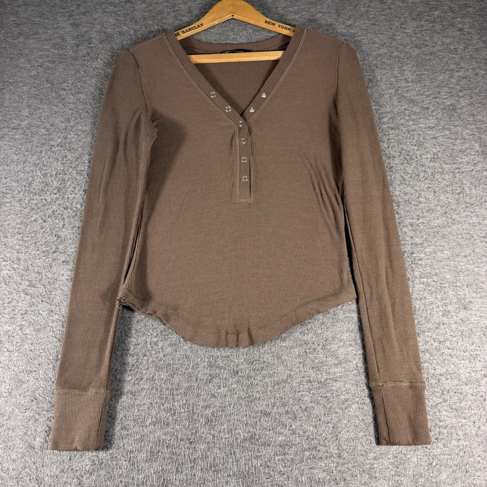 Womens Brown Long Sleeve Y2K Style Henley Top Curved Hem Size Small